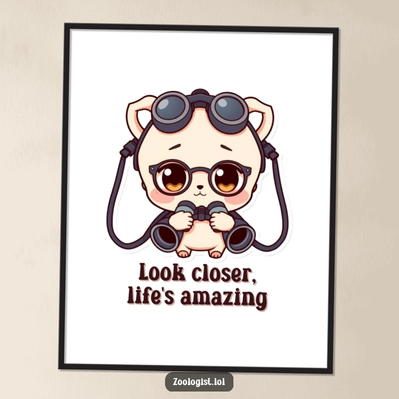 Funny Free Printable Wall Art: Character wearing binoculars around their neck, curiously peering into the distance with intrigue.