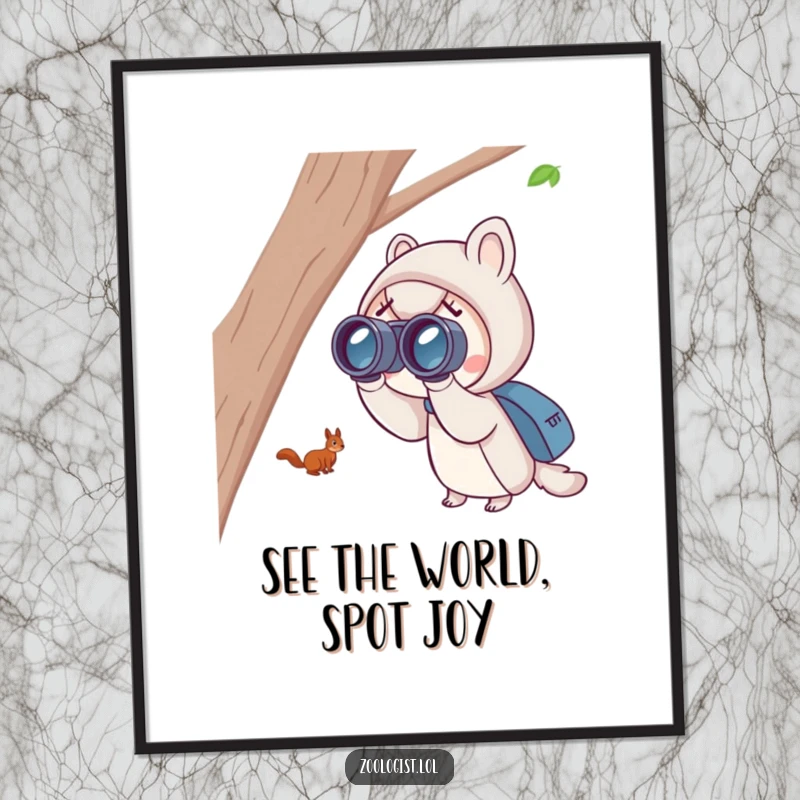 Funny Free Printable Wall Art: Cute character enthusiastically using binoculars to spot a distant, playful squirrel.
