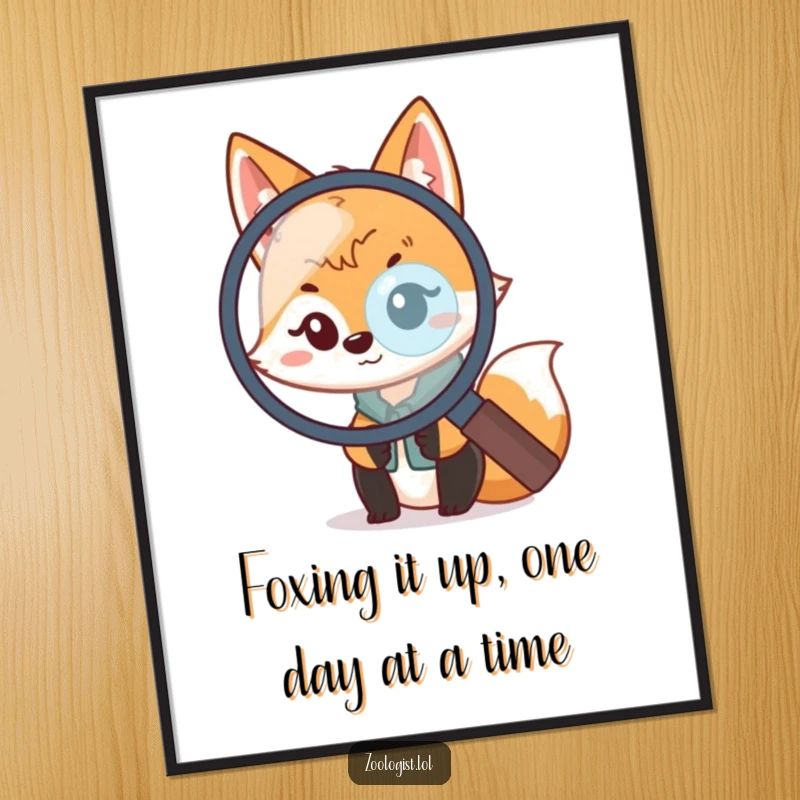 Funny Free Printable Wall Art: A kawaii fox zoologist with a magnifying glass, adding a playful touch to decor.