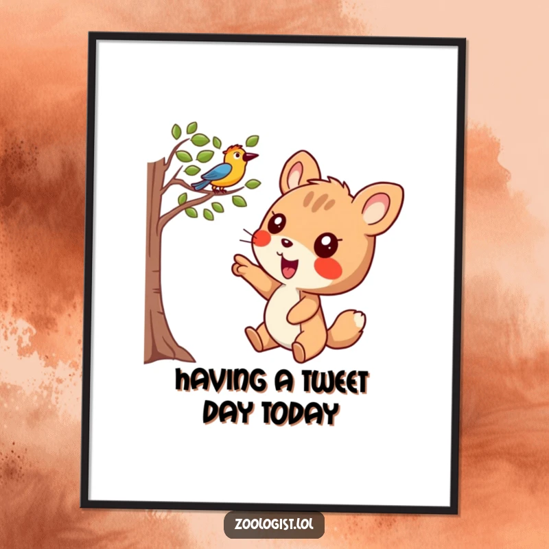 Funny Free Printable Wall Art: Joyful animal character excitedly pointing at a bird perched in a tree, a scene of pure delight.