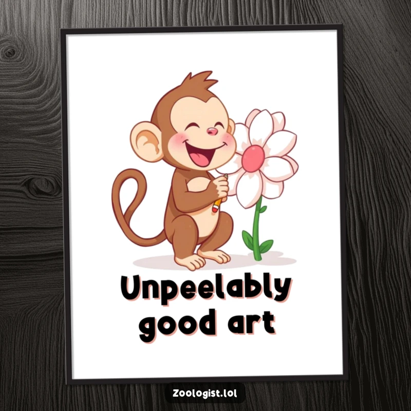 Funny Free Printable Wall Art: A joyful monkey enthusiastically sketches a large flower, bringing vibrant, artistic energy.