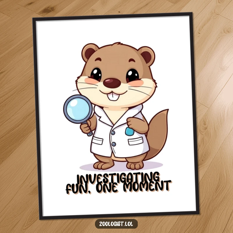 Funny Free Printable Wall Art: Otter in a lab coat intensely studying with a magnifying glass, whimsical science decor.