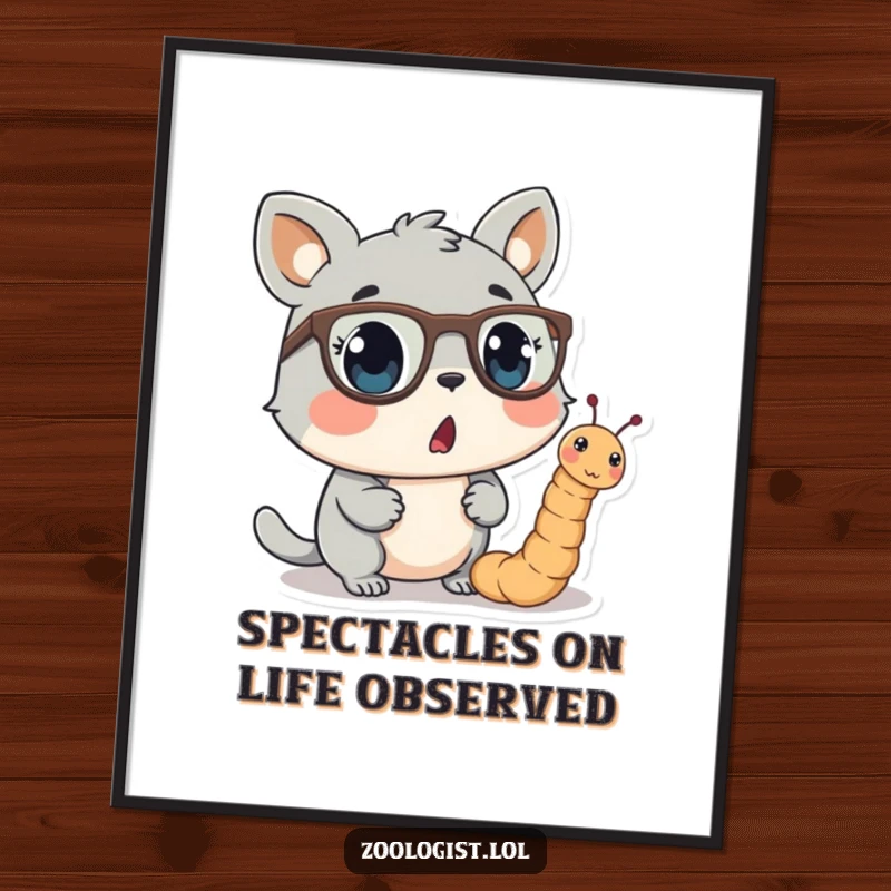 Funny free printable wall art depicting a startled animal staring at a worm wearing small reading glasses.
