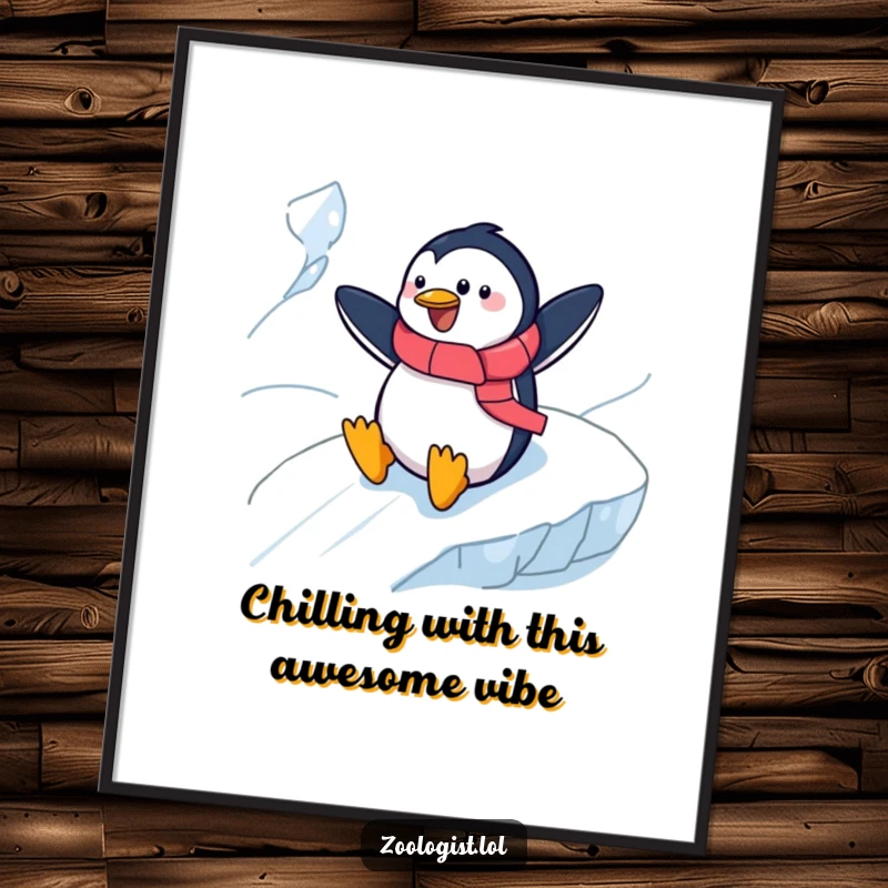 Funny Free Printable Wall Art depicting a cheerful penguin zoologist enthusiastically sliding down an icy slope, a cool piece.