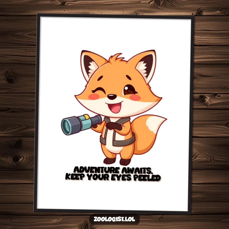 Funny free printable wall art: A smiling fox holding binoculars and excitedly pointing forward, ready for an imaginative adventure.
