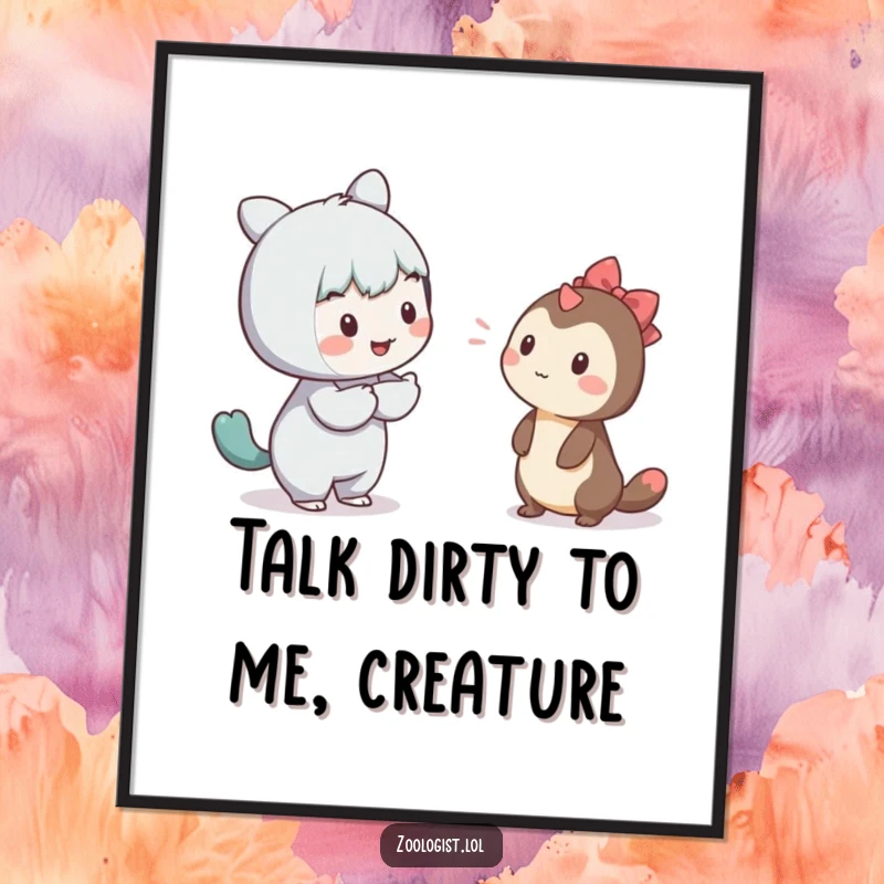 Funny Free Printable Wall Art: Character happily tries to communicate with a bashful creature, creating downloadable whimsical decor.