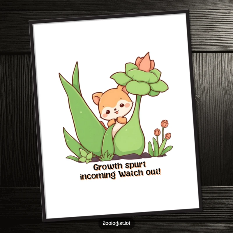 Funny Free Printable Wall Art depicting a cute animal curiously poking a massive plant, showcasing its inquisitive nature.