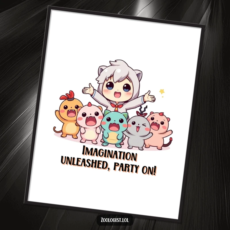 Funny Free Printable Wall Art: A character gestures expansively to an audience of delighted, unseen imaginary creatures, radiating joy and big ideas.