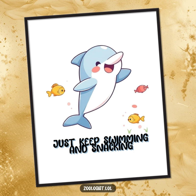 Funny Free Printable Wall Art: An excited dolphin character is captured mid-leap, observing a school of fish below.