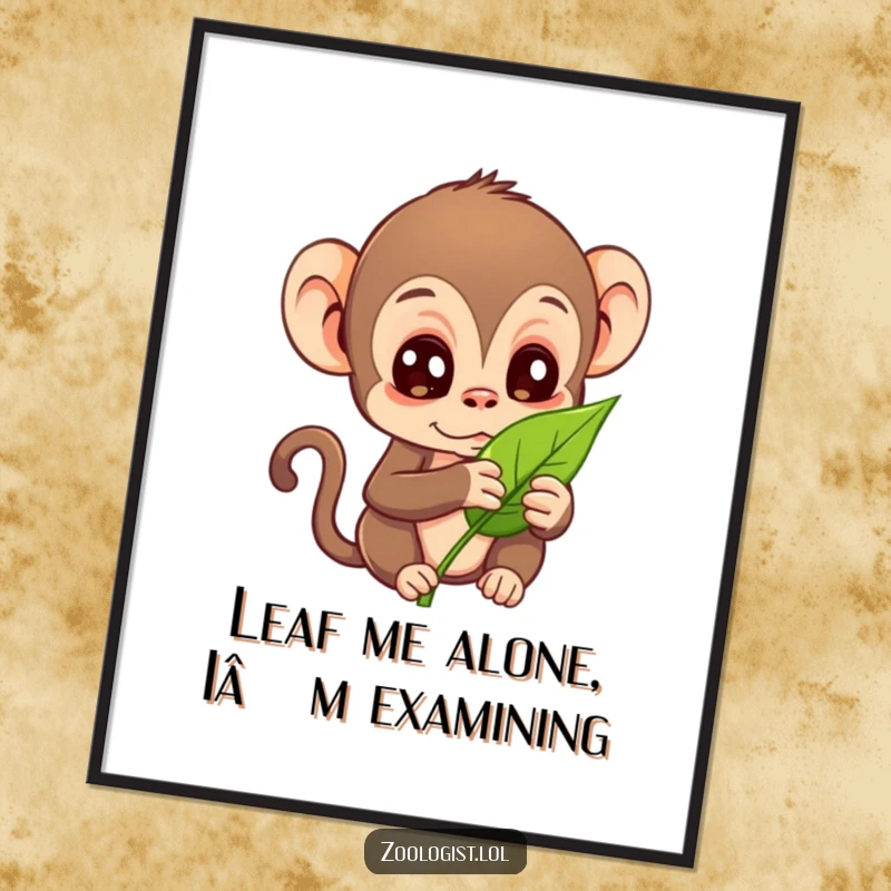 Funny Free Printable Wall Art: Curious monkey with wide eyes meticulously examining a leaf, whimsical jungle-themed decor.