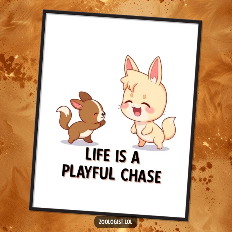 Funny Free Printable Wall Art: Character giggling while watching two animals playfully chase each other, creating downloadable whimsical decor.