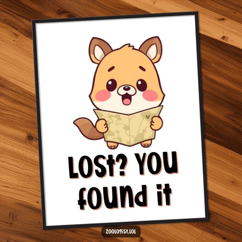 Funny Free Printable Wall Art of a cute animal looking surprised at a map, suggesting a humorous travel mishap.