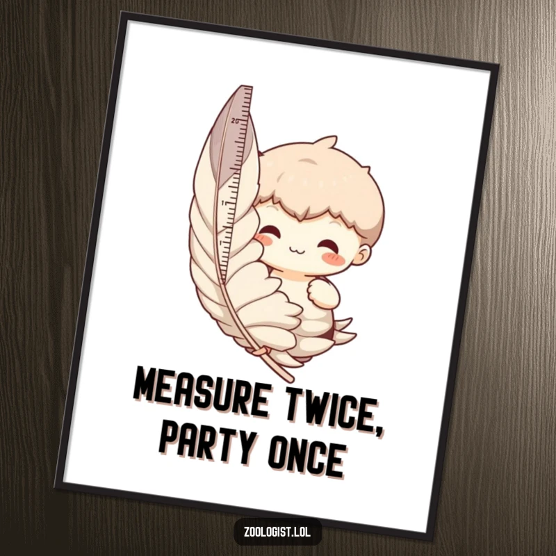 Funny Free Printable Wall Art: Character carefully measuring a colossal feather, bringing downloadable quirky humor to your decor.