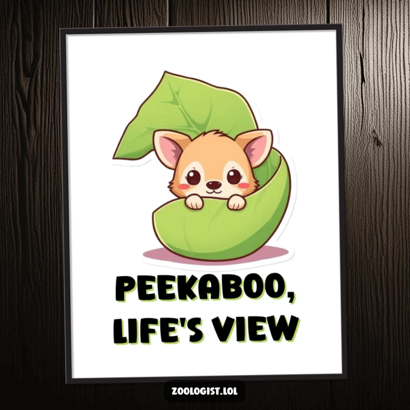 Funny Free Printable Wall Art: Curious animal character peeking slyly from behind a large, vibrant green leaf.