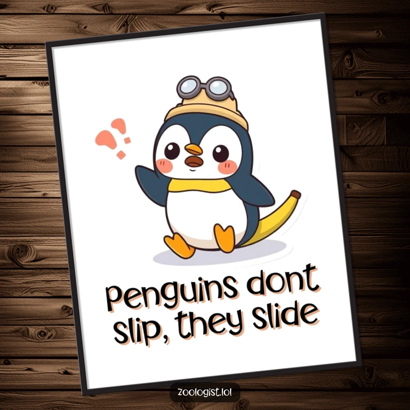 Funny Free Printable Wall Art: Surprised Kawaii penguin zoologist character comically slipping on a slippery banana peel.
