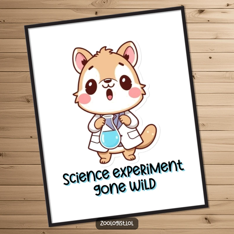 Funny Free Printable Wall Art: Surprised animal character in a lab coat, dropping a beaker during an experiment, adding quirky humor for download.