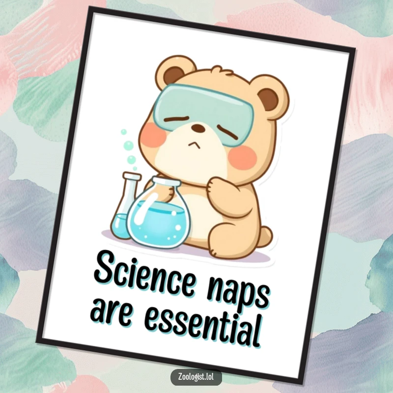 Funny free printable Kawaii bear zoologist yawning beside a bubbling beaker, depicting a sleepy but dedicated scientist.