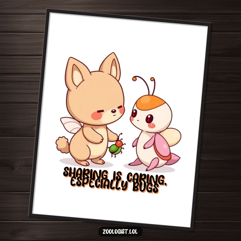 Funny Free Printable Wall Art: Cute animal character offering a bug to another creature, showcasing friendship and humor for download.