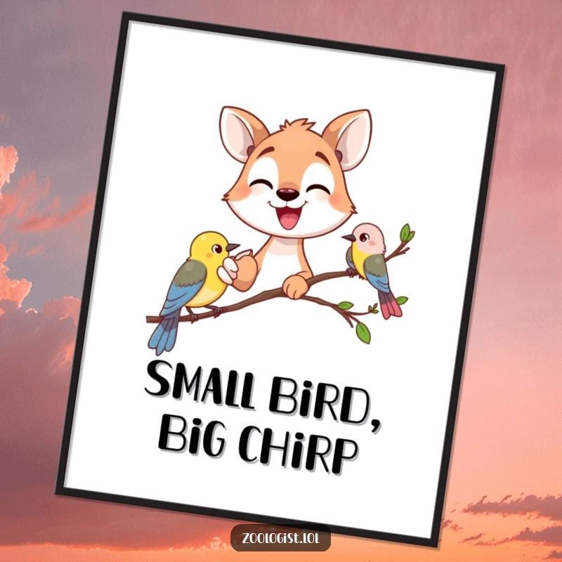 Funny Free Printable Wall Art: a happy animal gazer pointing excitedly at a small bird on a branch, cheerful decor.