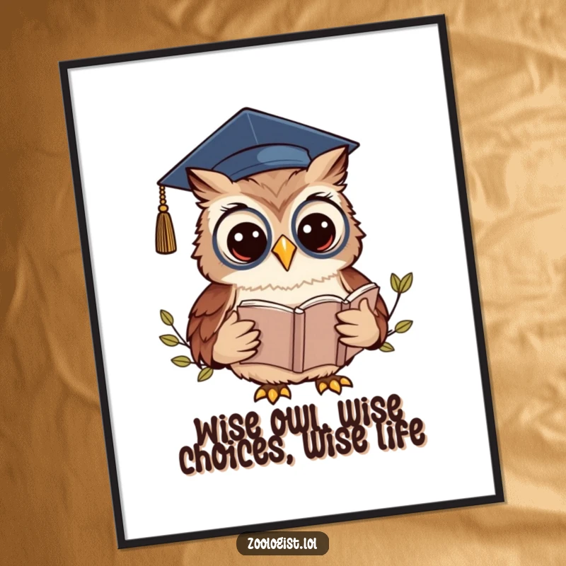 Funny Free Printable Wall Art: A kawaii owl zoologist in a graduation cap, reading a book, adding wisdom to decor.