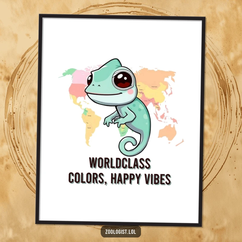 Funny Free Printable Wall Art: A cheerful chameleon seamlessly integrated into a richly colored, detailed world map.