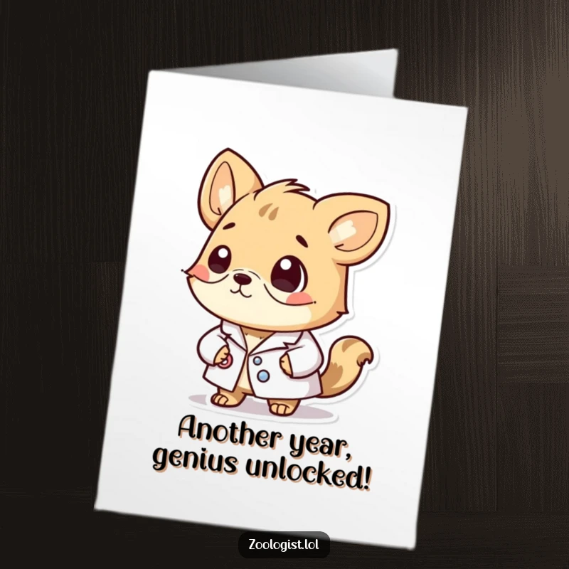 Funny Free Printable Birthday Card: A cute animal in a lab coat ponders deeply, wishing a smart happy birthday, a perfect DIY gift.