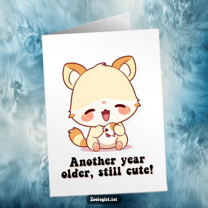 Funny Free Printable Birthday Card showing a cute animal excitedly examining a tiny creature with wide, curious eyes.