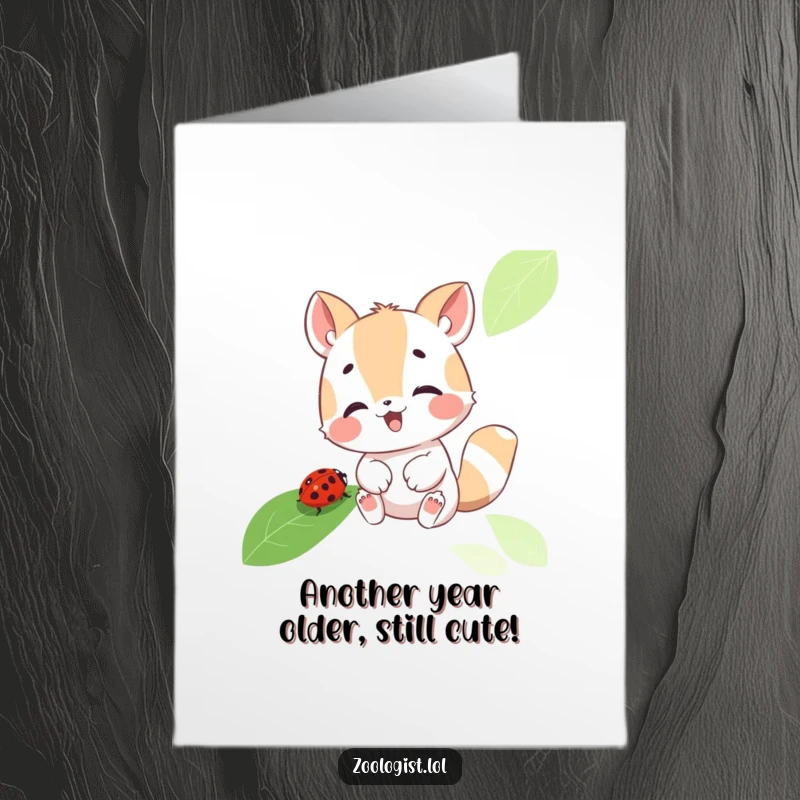 Funny Free Printable Birthday Card featuring a cute animal character gleefully examining a ladybug on a leaf, perfect for animal lovers.