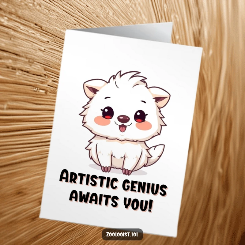 Funny Free Printable Birthday Card: A cute animal artist joyfully sketches a bizarre, delightful creature, perfect for a DIY gift.