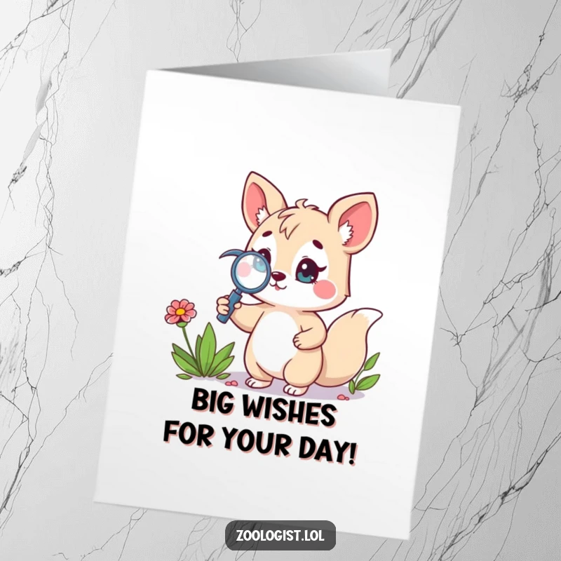 Funny Free Printable Birthday Card: cute animal character proudly holding a magnifying glass near a wildflower, celebrating with curiosity.
