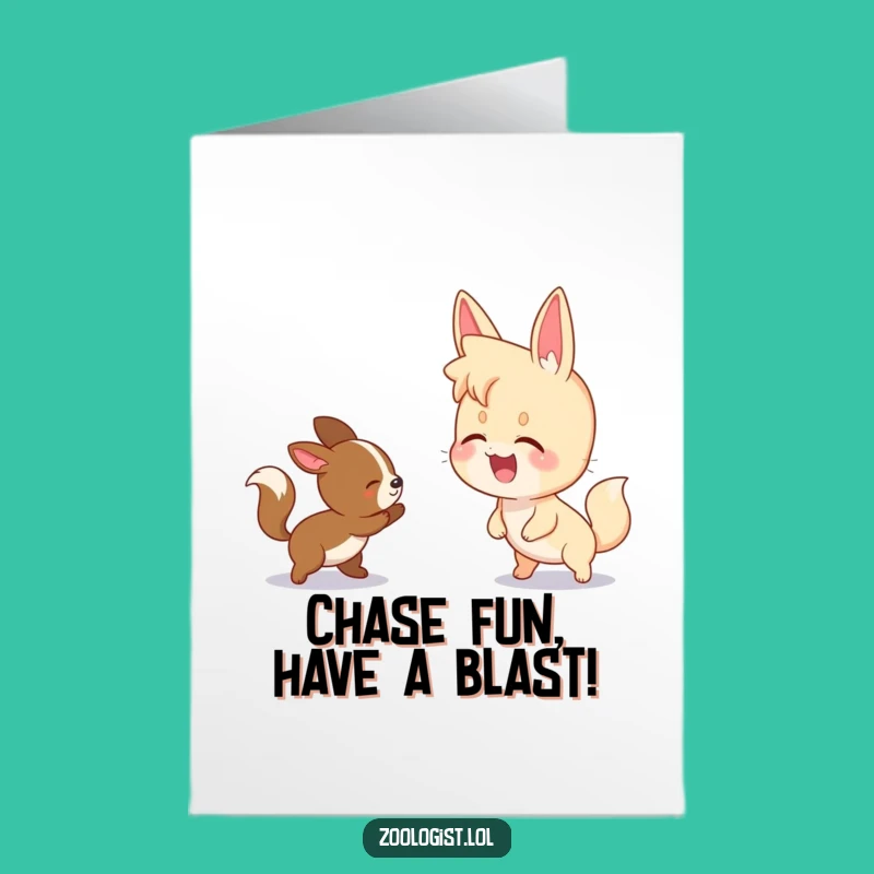 Free Printable Funny Birthday Card: Giggling Character & Chasing Animals Downloadable Gift