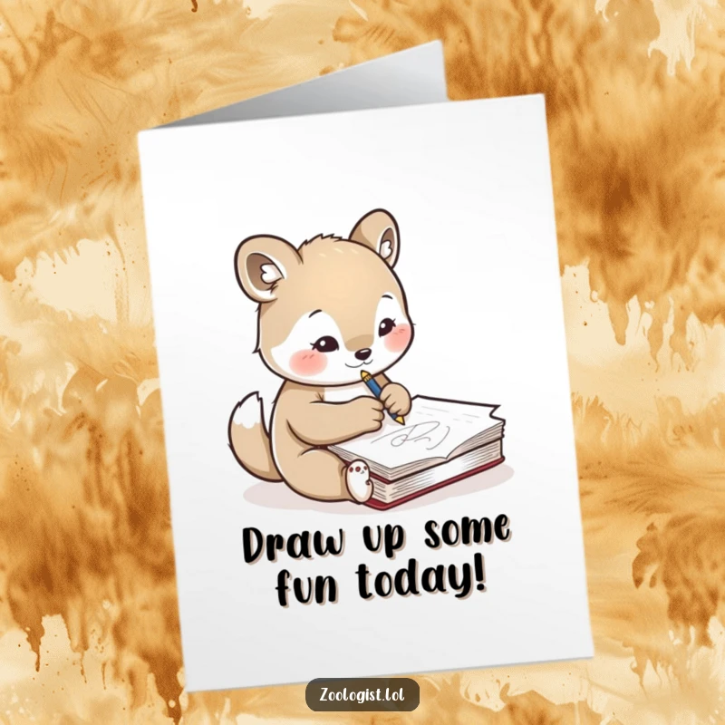 Funny Free Printable Birthday Card: cute animal character sketching an animal in a notebook with concentration, artistically inspired.