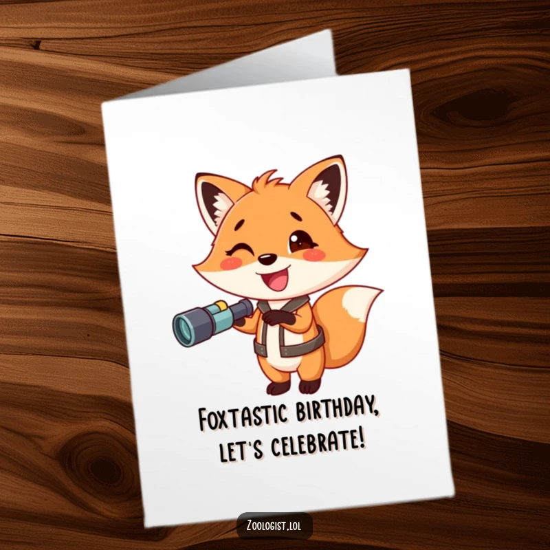 Funny free printable birthday card: A joyous fox holding binoculars, pointing ahead with excitement, ready for birthday adventures.