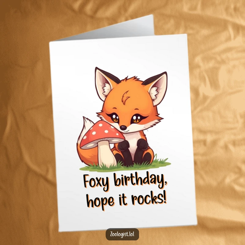 Funny Free Printable Birthday Card: A playful fox peeks at a mushroom, eyes wide with curiosity, ready for a birthday surprise.