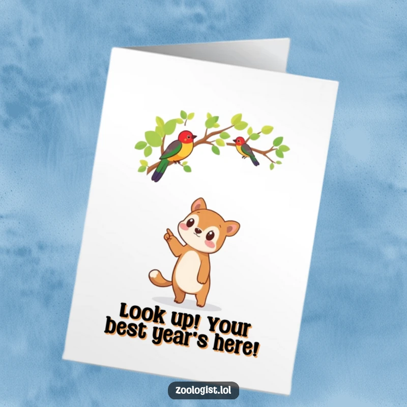 Funny Free Printable Birthday Card: Cute animal pointing excitedly upwards at a vibrant, colorful bird perched high in a leafy tree.