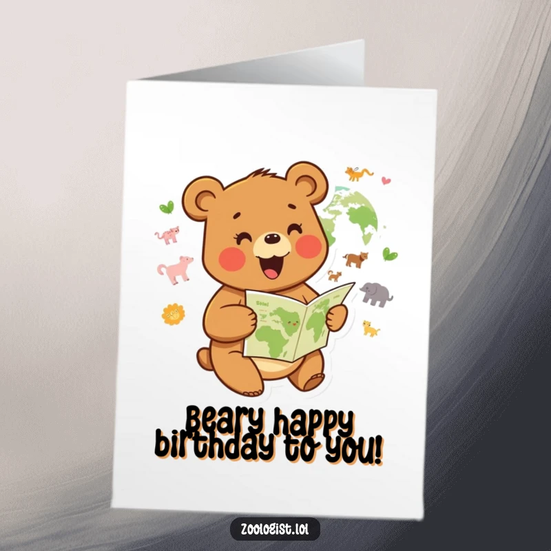Funny Free Printable Birthday Card: Joyful bear enthusiastically studying a map of animal habitats, ready for a birthday adventure.