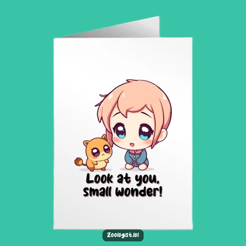 Free Printable Birthday Card: Funny Amazed Character Sees Tiny Creature - Downloadable Gift