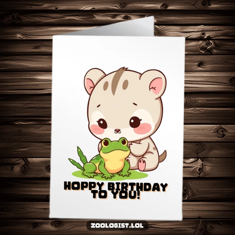 Funny Free Printable Birthday Card: Cute animal character observing a tiny frog with gentle excitement, celebrating a wondrous moment.