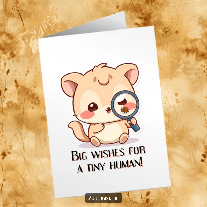 Funny Free Printable Birthday Card: Playful animal character using a magnifying glass to inspect a tiny bug, celebrating with scientific humor.