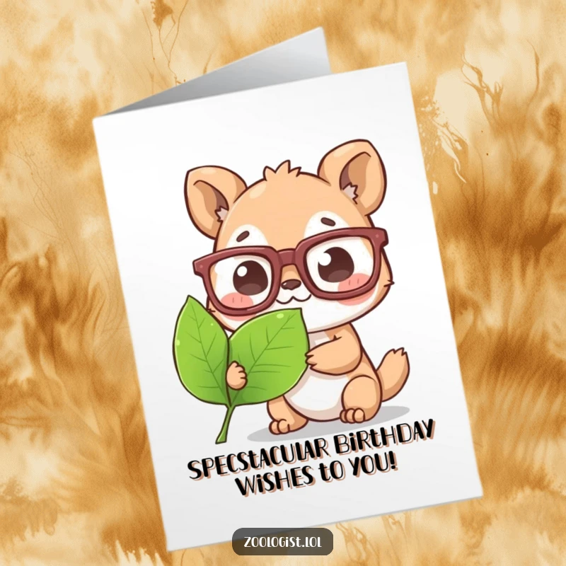 Funny Free Printable Birthday Card: Adorable animal character with huge glasses, intently studying a leaf, perfect for a quirky celebration.