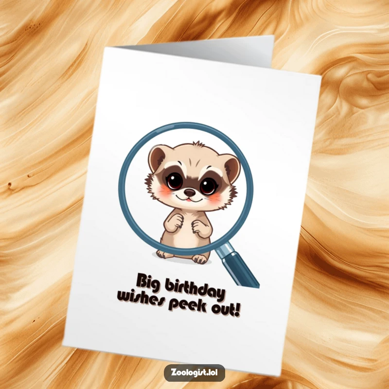 Funny Free Printable Birthday Card: A meerkat curiously peeking through a large magnifying glass with wide, inquisitive eyes.