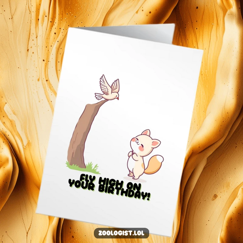 Funny Free Printable Birthday Card showing a cute animal joyfully observing a bird soaring gracefully in the sky.