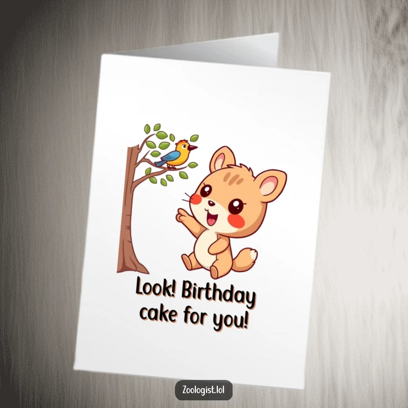 Funny Free Printable Birthday Card: Joyful animal character excitedly pointing at a bird in a tree, celebrating with high spirits.