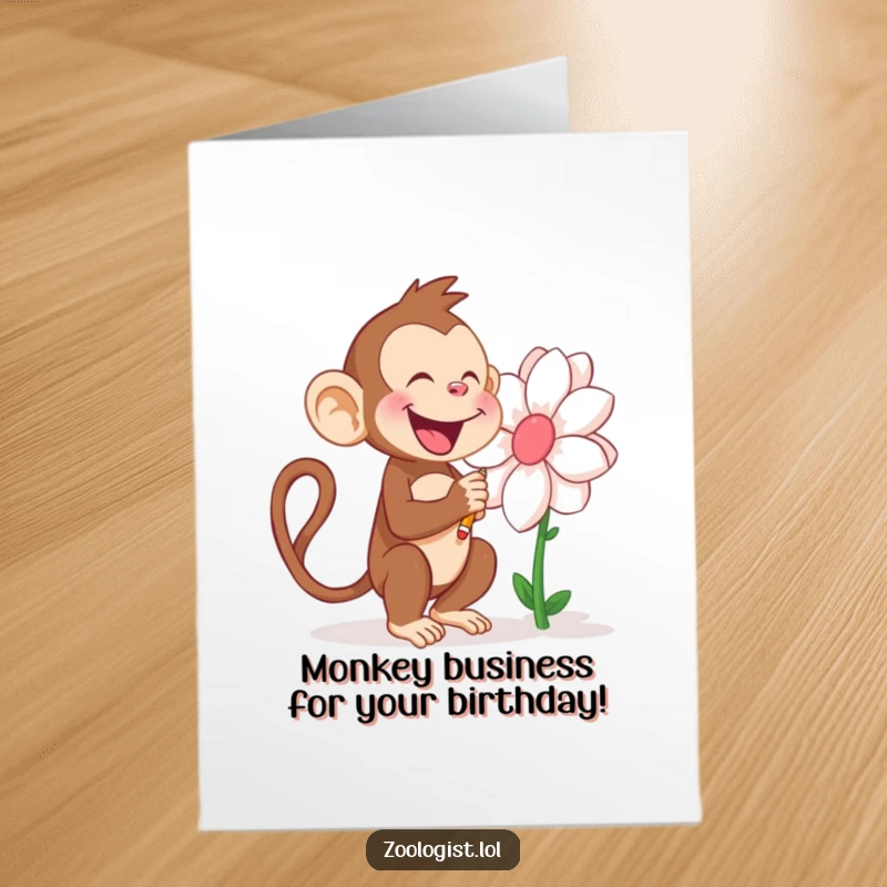 Funny Free Printable Birthday Card: A joyful monkey enthusiastically sketches a giant flower, ready to celebrate a birthday.