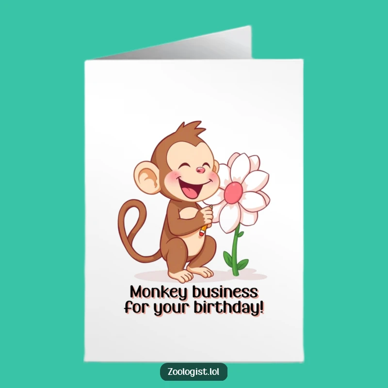 Free Printable Birthday Card: Monkey Artist & Flower - Funny Downloadable Gift