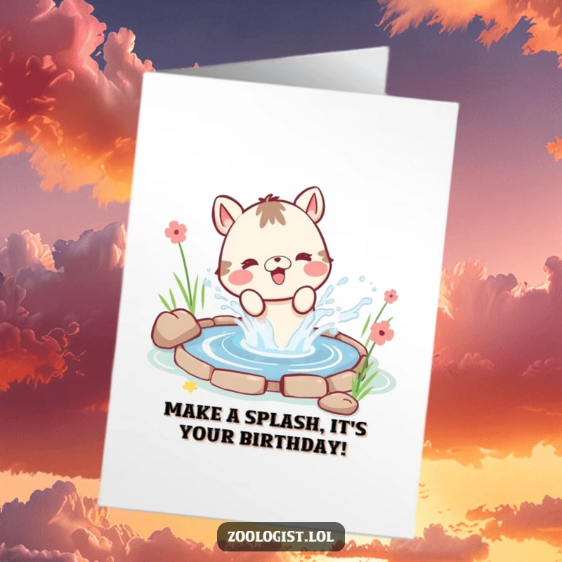 Funny Free Printable Birthday Card: Cute animal joyfully splashing water high from a small pond, celebrating with exuberant delight.