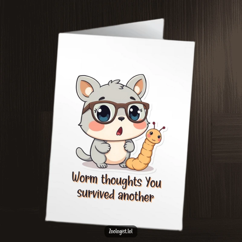 Funny free printable birthday card featuring a wide-eyed animal surprised by a worm in tiny spectacles.