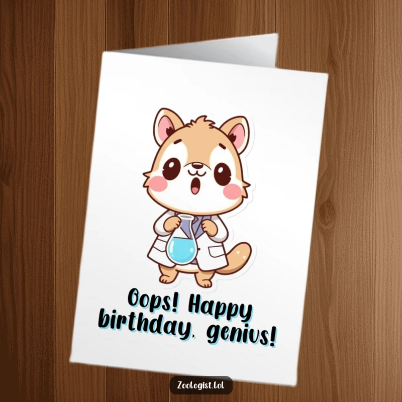 Funny Free Printable Birthday Card: Surprised animal character in a lab coat dropping a beaker, science experiment gone wrong, for download.