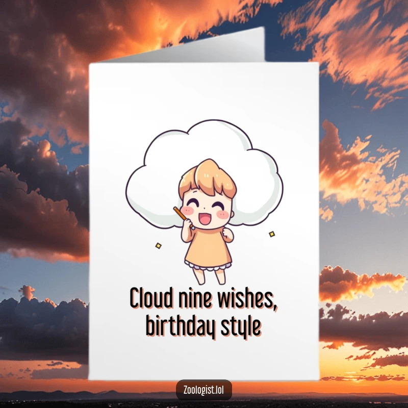 Funny Free Printable Birthday Card: Character enthusiastically sketches a bizarrely shaped cloud, creating downloadable birthday cheer.