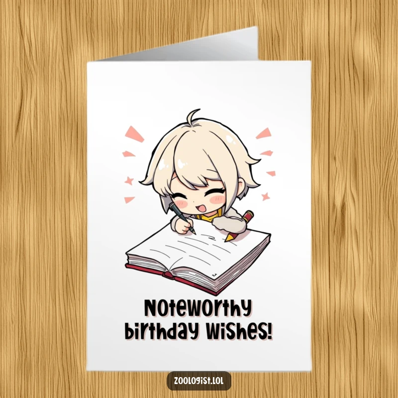 Funny Free Printable Birthday Card: Character excitedly scribbling notes in a large notebook, creative energy.